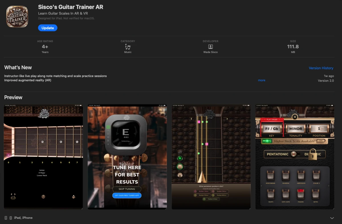 App Store listing for Sisco's Guitar Trainer AR showing the app icon and four preview screens
