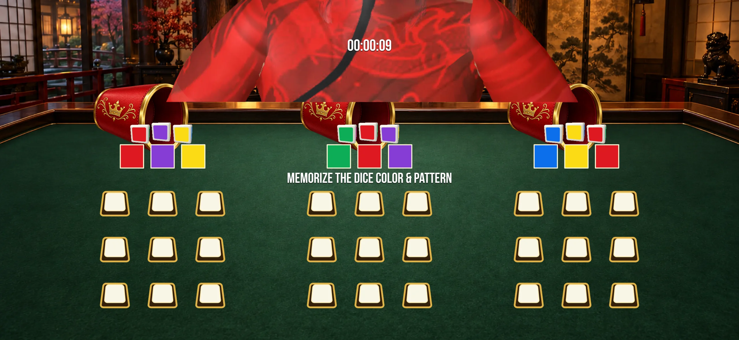 Color Memory gameplay preview: remember the colored dice and match their colors and patterns in the grid