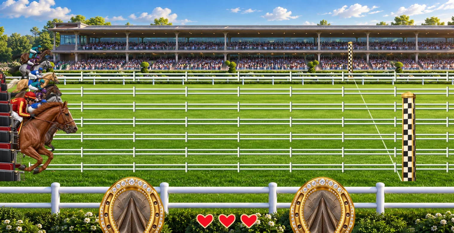 Pony Tap horse-racing game preview with racers on a track, finish marker, and horseshoe controls