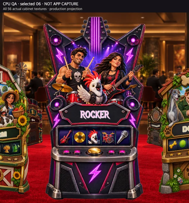 SlotCrown home-machine carousel with the Rocker, or Rockstar, theme selected in the center and neighboring themed machines on either side