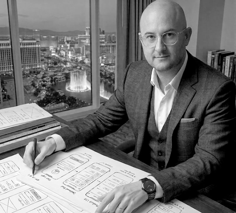 Wade Sisco sketching app wireframes with Las Vegas in the background
