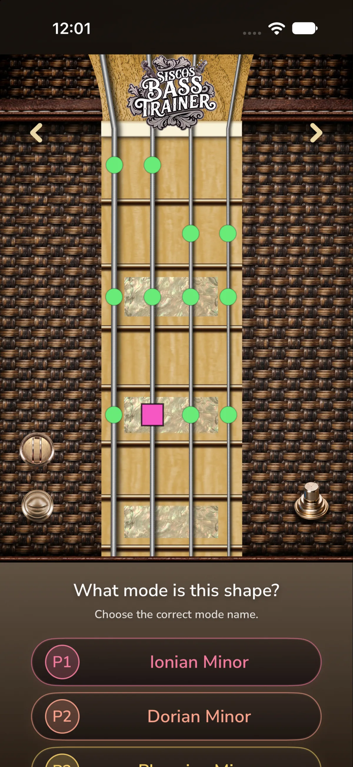 Bass Trainer scale and mode practice screen