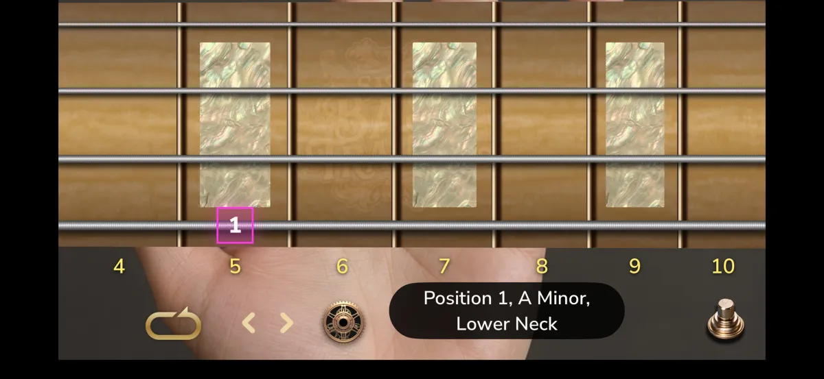 Bass Trainer note-match exercise across a landscape fretboard