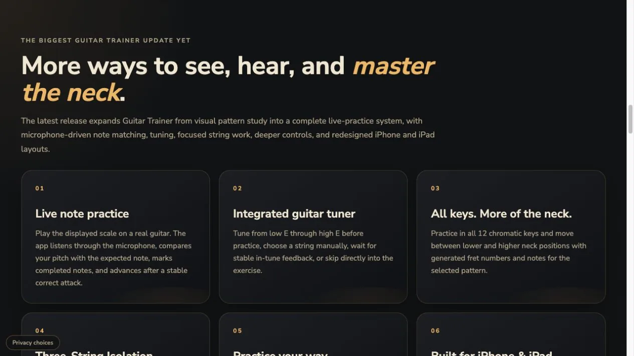 Guitar Trainer website feature section with dark cards and warm gold typography