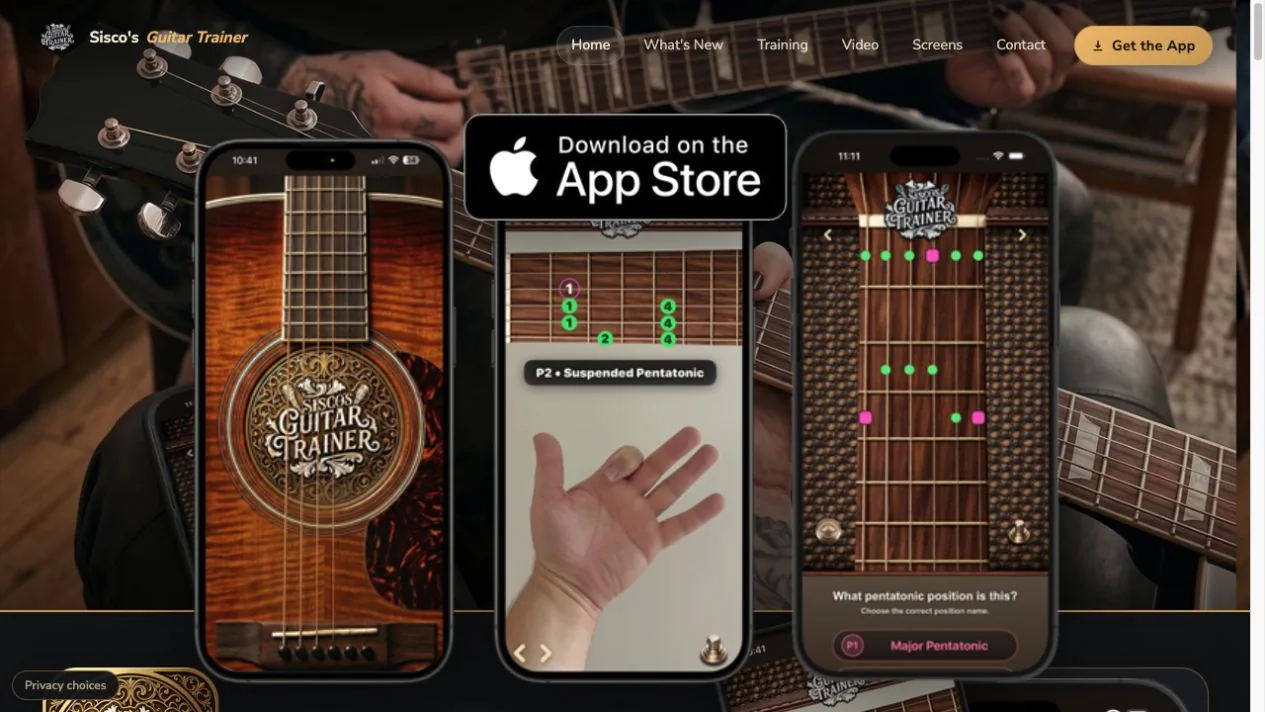 Screenshot of the Sisco’s Guitar Trainer homepage showing the app’s practice screens