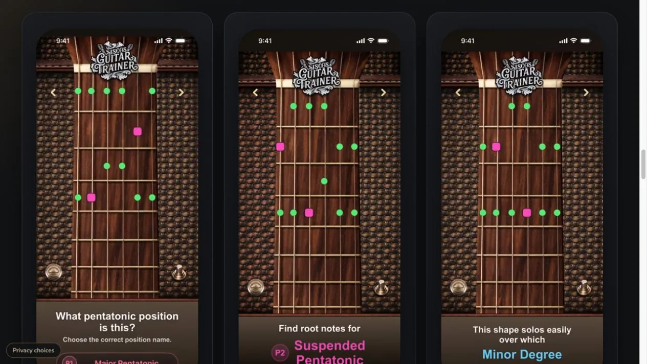 Guitar Trainer website training section showing three app exercise previews